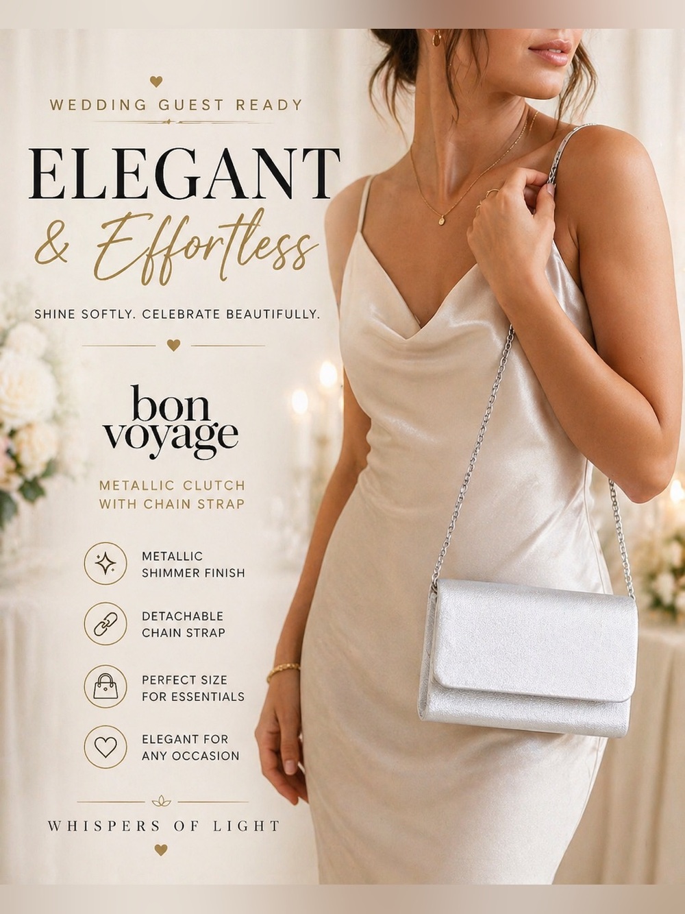 NWT Bon Voyage Silver Metallic Clutch | Chain Strap Evening Bag Wedding Formal